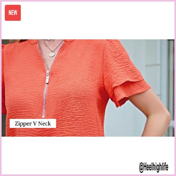 Ruffle Sleeve Zipper V-Neck Blouse - Work Office Casual Top - Picture 8 of 8